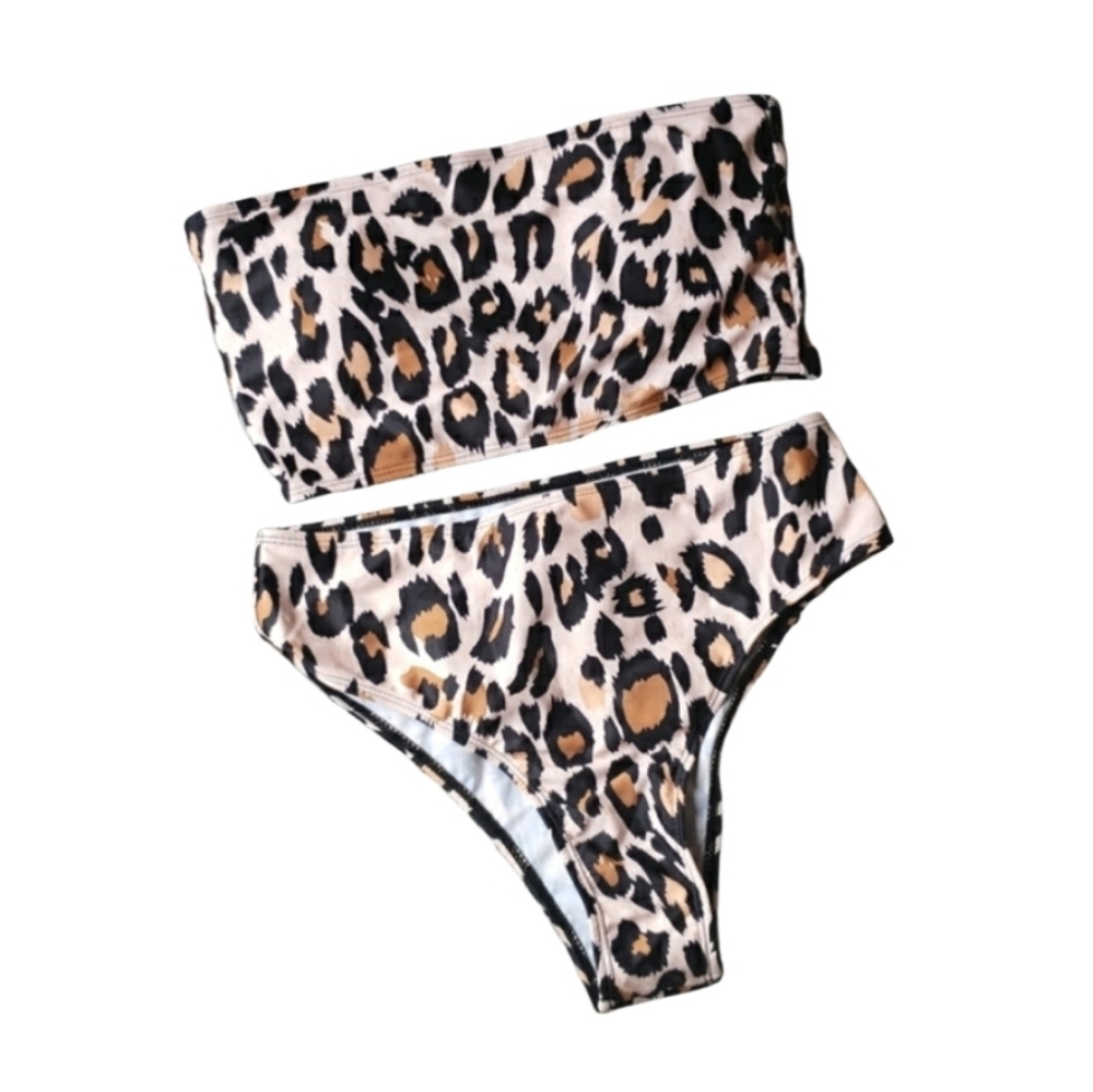 Leopard Print Bandeau High-Waisted Swim Set Size Med